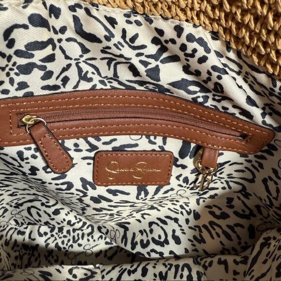 Jessica Simpson Raffia Straw 3D Beaded Floral Feather St. Pete Toast Pink Tote - Picture 15 of 16